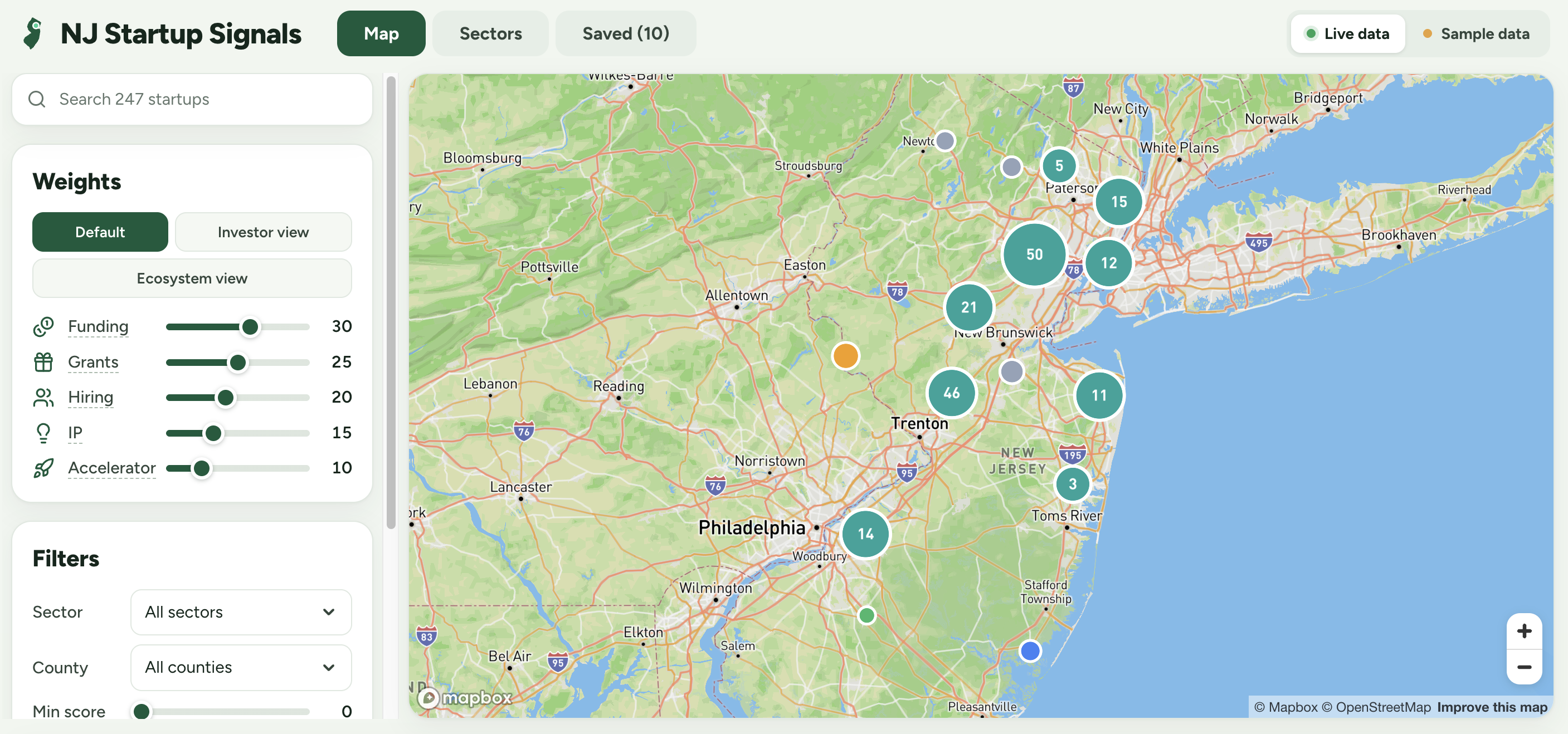 NJ Startup Signals interface showing a New Jersey startup map and signal-weight controls